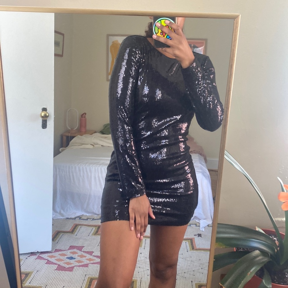 Long sleeve black sequin dress